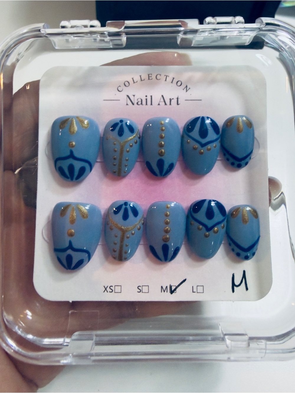 Handmade Nail Art Press-On Set — Blue & Gold Decorative Nails-M